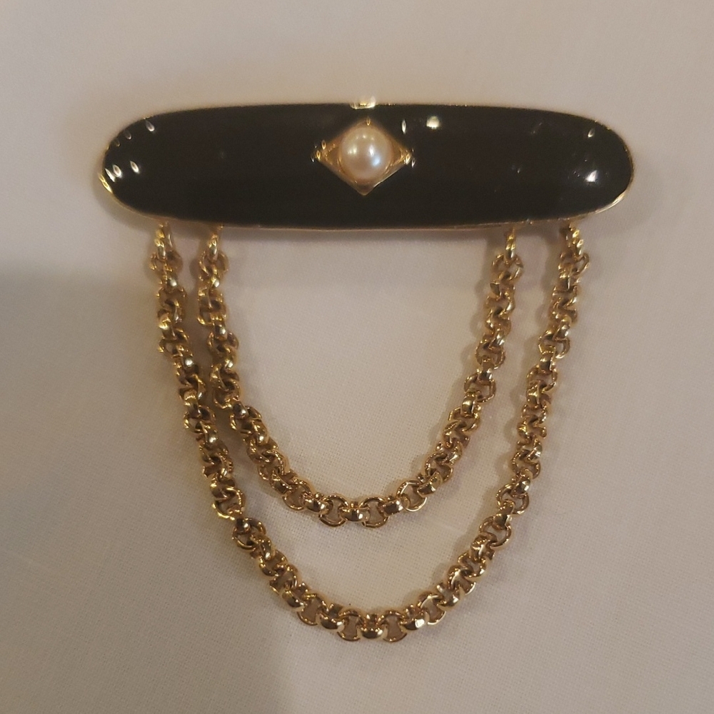 Vtg Monet Black and Gold Brooch with Pearl Accent